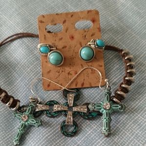 Turquoise Blue Cross earrings and bracelet